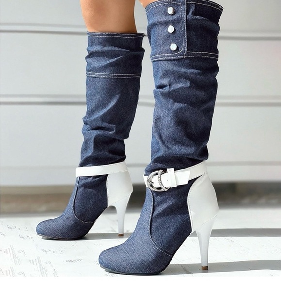 NWOT Stylish Denim and White Heeled Boots - Picture 3 of 5